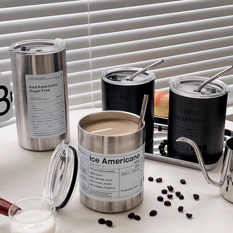 304 Stainless Steel American Coffee Tumbler with Metal Straw | 320ml & 600ml | Hot & Cold Insulation