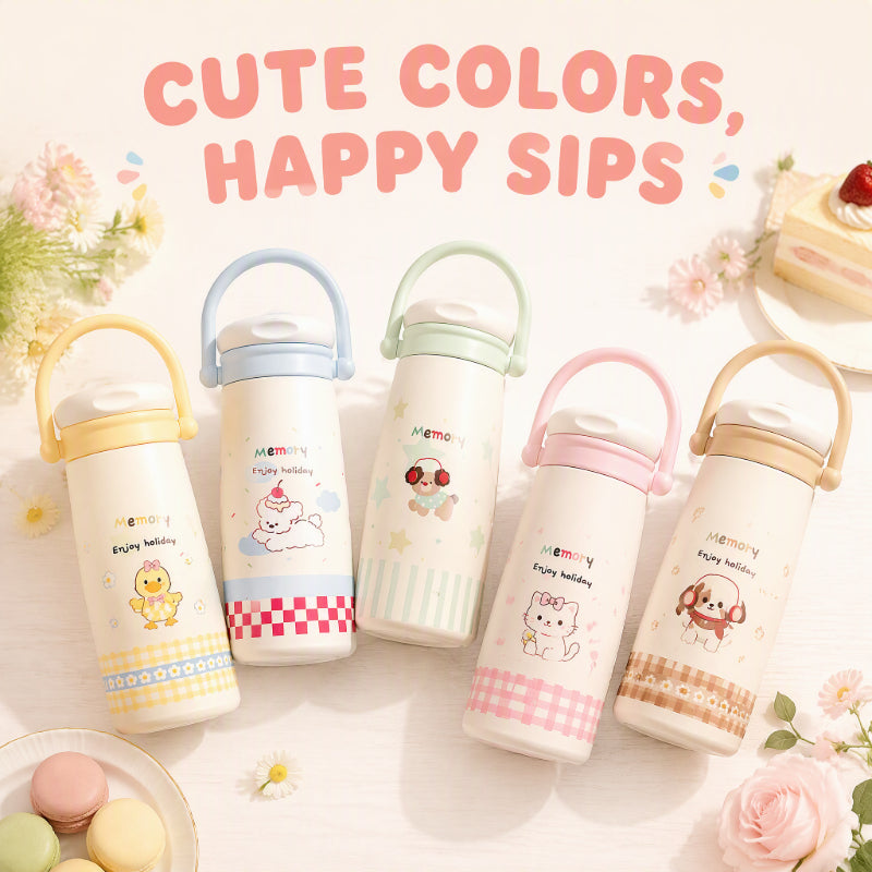 500ml Cute Animal Stainless Steel Insulated Tumbler with Handle | Straw & Direct Drink Lid