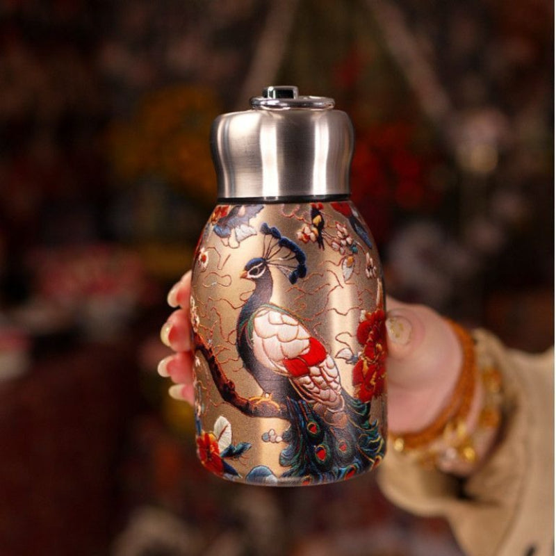 Chinesische Relief-Isolier-Mini-Flasche | Pfau / Schmetterling / Koi | Tragbarer Ringgriff