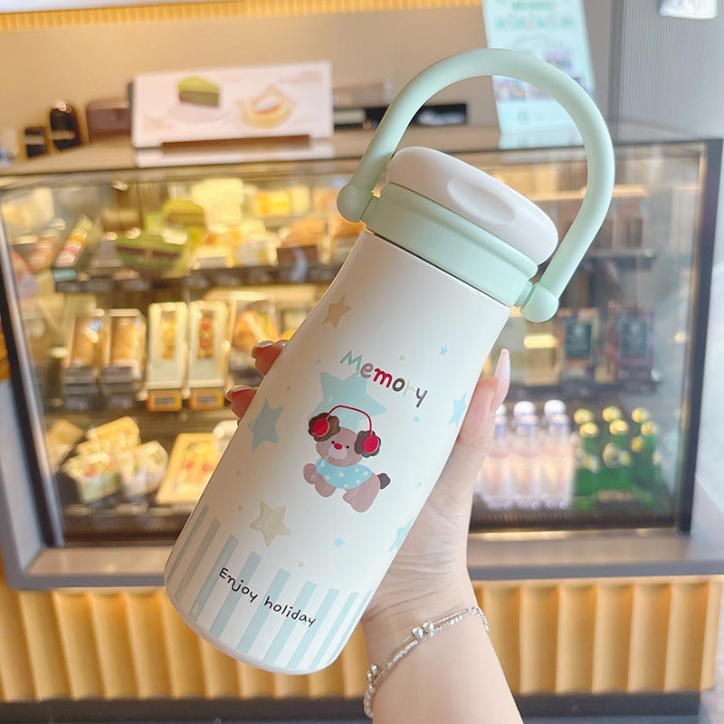 500ml Cute Animal Stainless Steel Insulated Tumbler with Handle | Straw & Direct Drink Lid