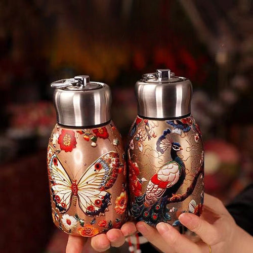 Chinesische Relief-Isolier-Mini-Flasche | Pfau / Schmetterling / Koi | Tragbarer Ringgriff