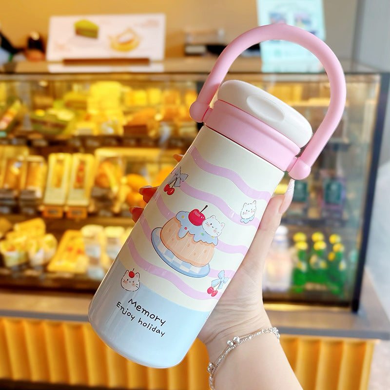 500ml Cute Animal Stainless Steel Insulated Tumbler with Handle | Straw & Direct Drink Lid