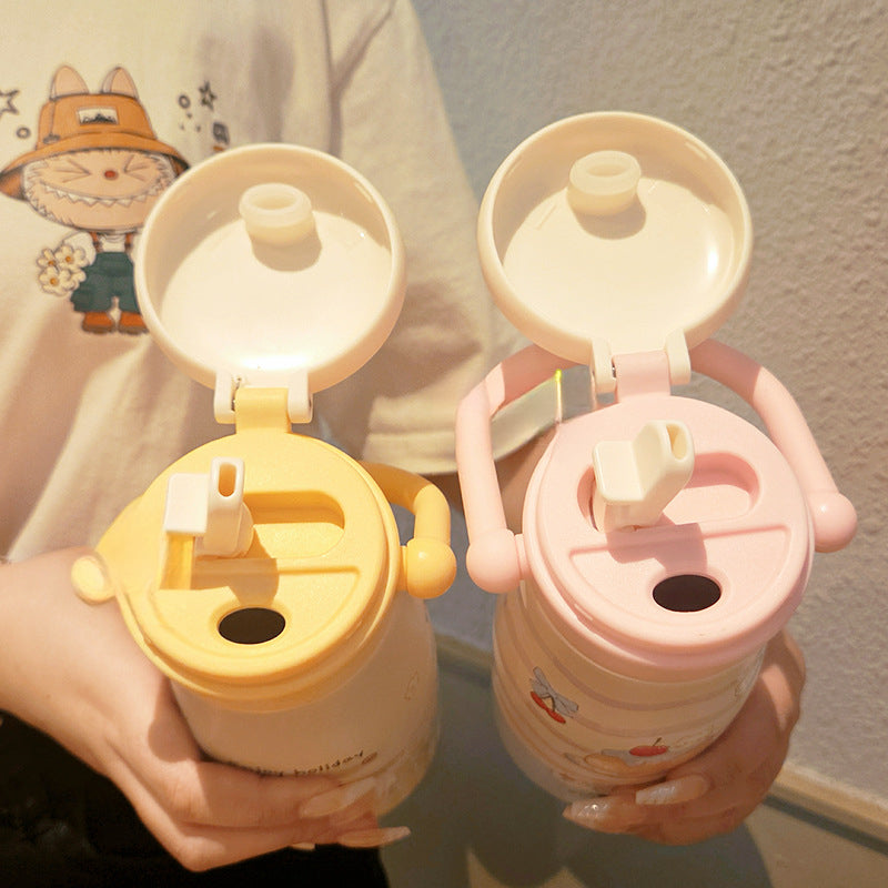 500ml Cute Animal Stainless Steel Insulated Tumbler with Handle | Straw & Direct Drink Lid