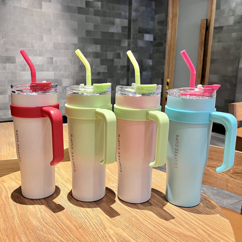 1200ml Large Capacity Gradient Tumbler with Handle & Stainless Steel Straw