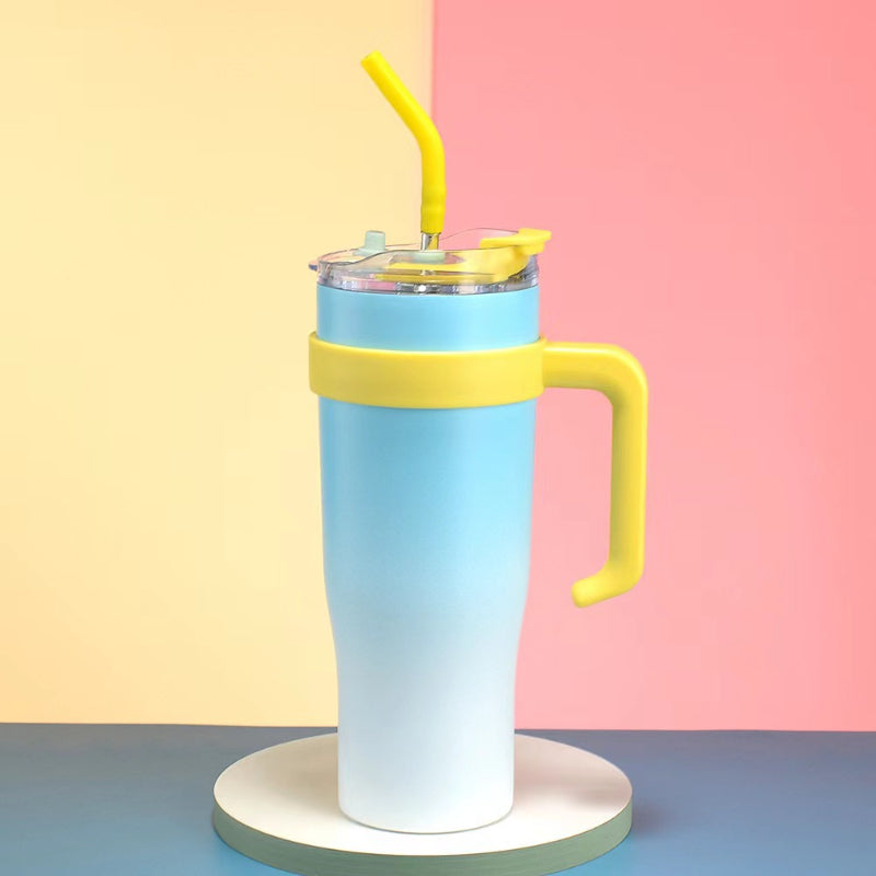 1200ml Large Capacity Gradient Tumbler with Handle & Stainless Steel Straw