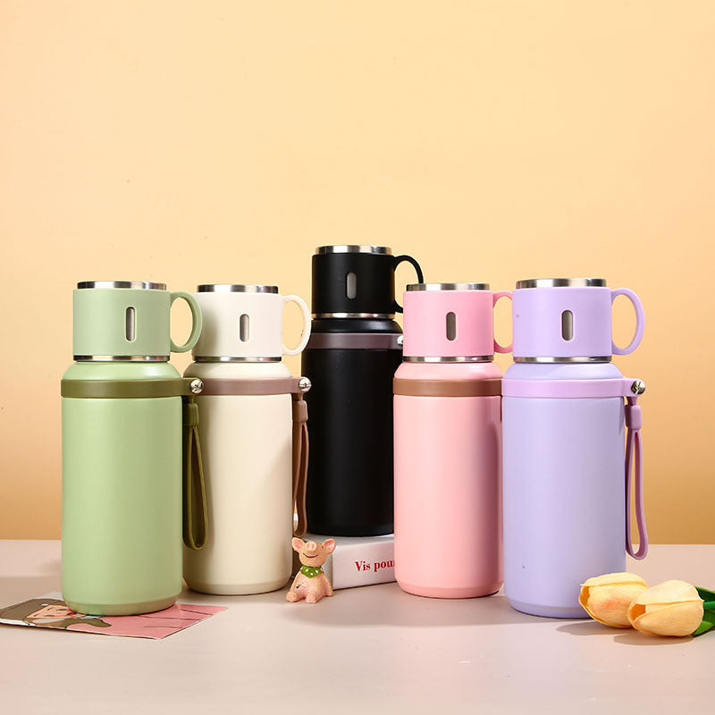 SUS316 Stainless Steel Thermos Flask with Cup Lid & Carry Strap | 5 Colors