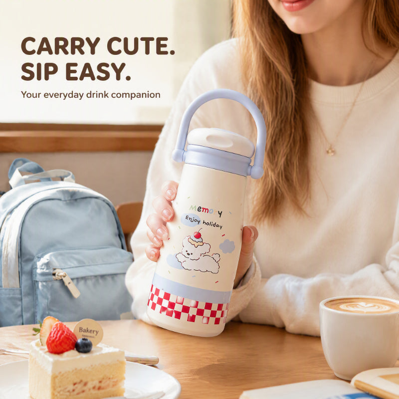 500ml Cute Animal Stainless Steel Insulated Tumbler with Handle | Straw & Direct Drink Lid