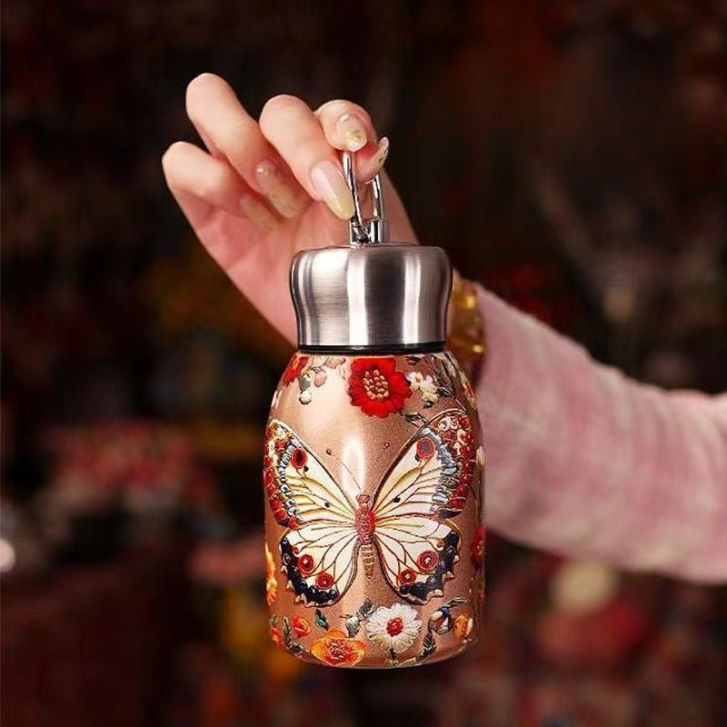 Chinesische Relief-Isolier-Mini-Flasche | Pfau / Schmetterling / Koi | Tragbarer Ringgriff