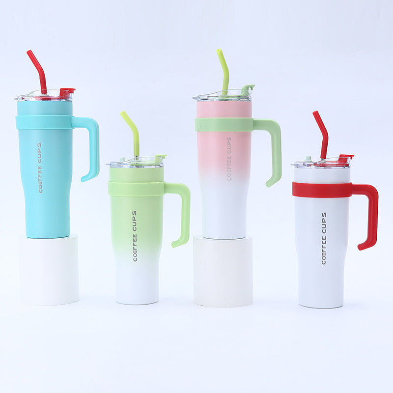 1200ml Large Capacity Gradient Tumbler with Handle & Stainless Steel Straw