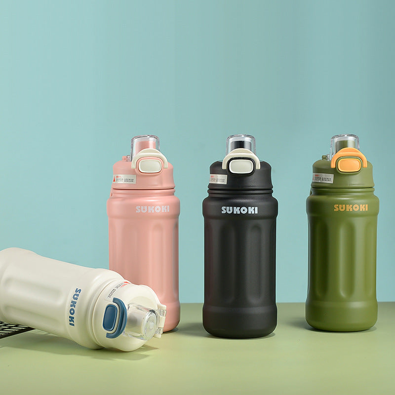 SUKOKI Large Belly Sports Thermos with Heart Handle & Straw | 4 Colors