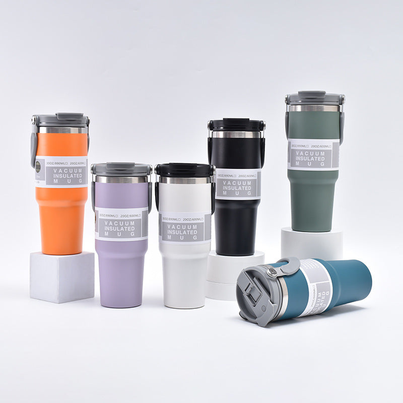 304 Stainless Steel Insulated Tumbler 890ml | Handle + Dual-Lid (Straw & Direct Drink) | Car Travel Home