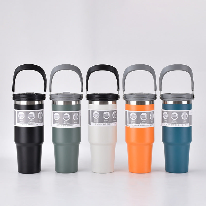 304 Stainless Steel Insulated Tumbler 890ml | Handle + Dual-Lid (Straw & Direct Drink) | Car Travel Home