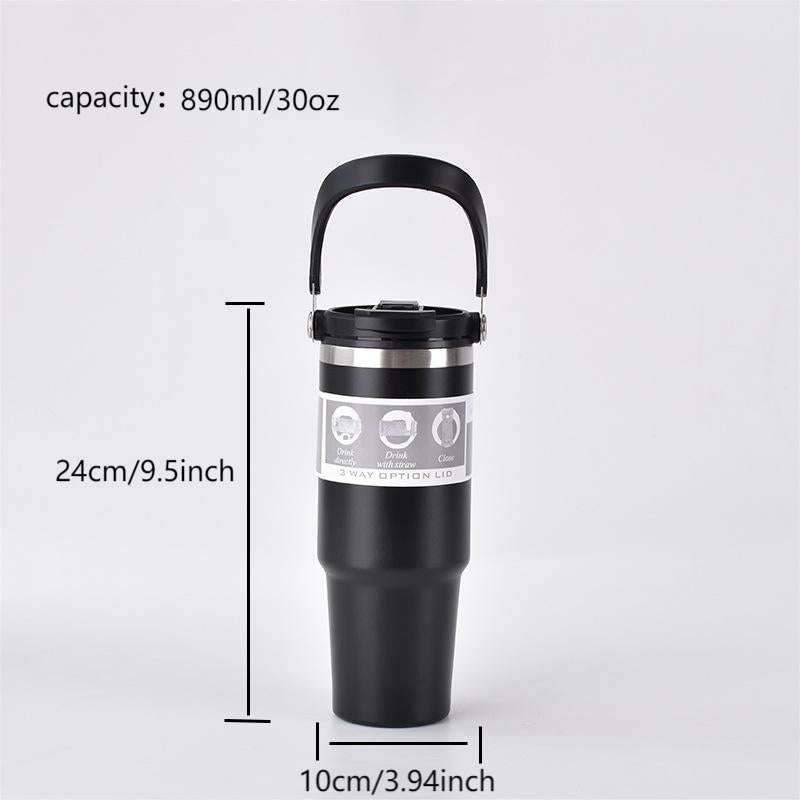 304 Stainless Steel Insulated Tumbler 890ml | Handle + Dual-Lid (Straw & Direct Drink) | Car Travel Home