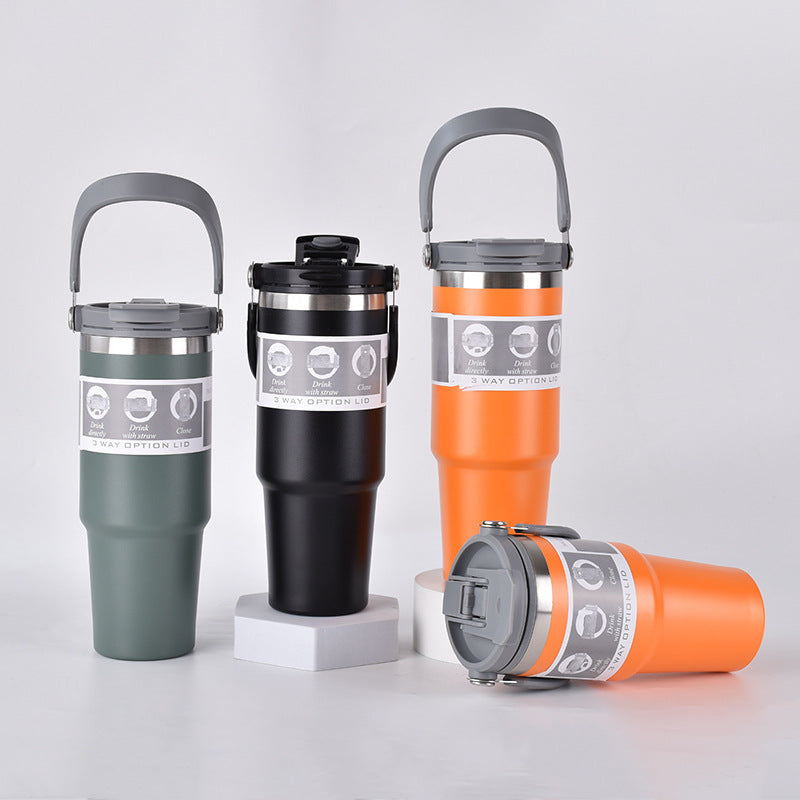 304 Stainless Steel Insulated Tumbler 890ml | Handle + Dual-Lid (Straw & Direct Drink) | Car Travel Home