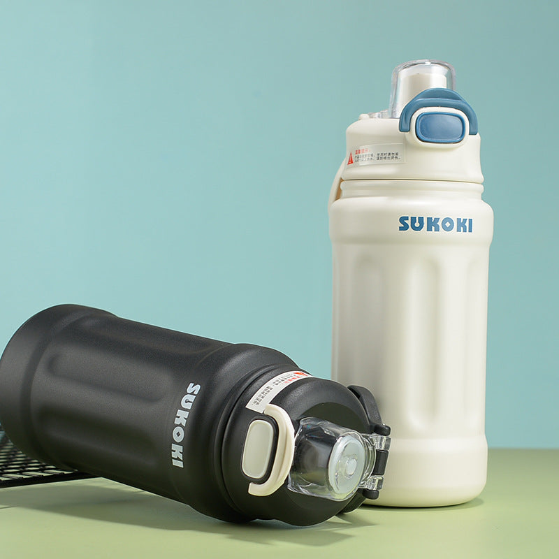 SUKOKI Große Bauch-Sport-Thermoskanne mit Herzgriff & Strohhalm | 4 Farben