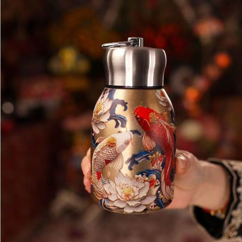 Chinesische Relief-Isolier-Mini-Flasche | Pfau / Schmetterling / Koi | Tragbarer Ringgriff