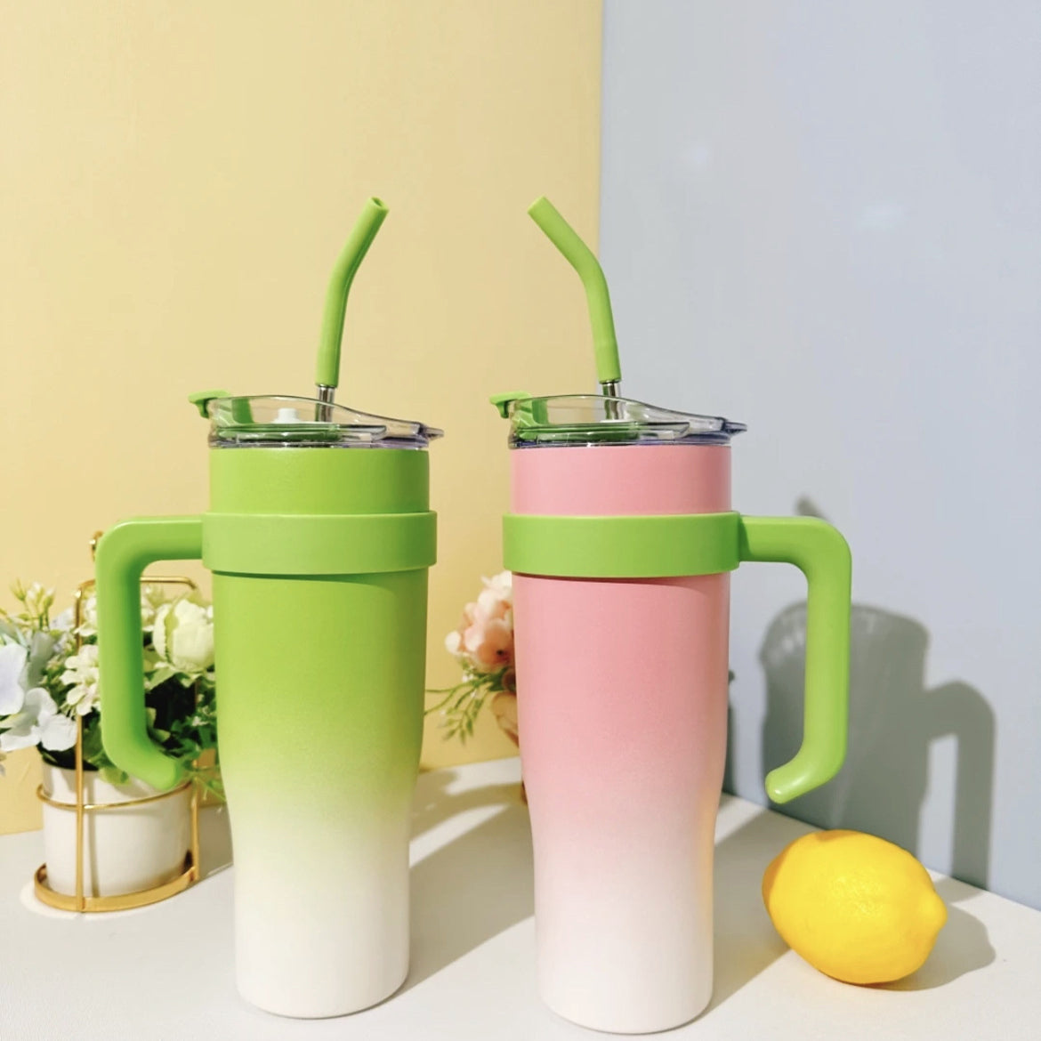 1200ml Gradient Becher mit großem Fassungsvermögen, Griff & Edelstahlstrohhalm